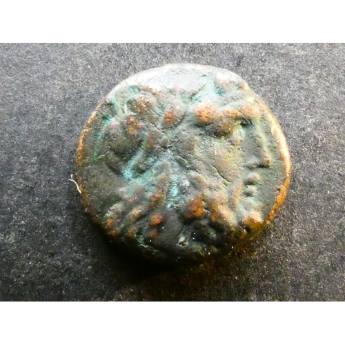 100 - GREEK.  AE15, 3.07g of Tralles in Lydia, 2nd to 1st century BCE, obverse; laureate head of Zeus righ... 