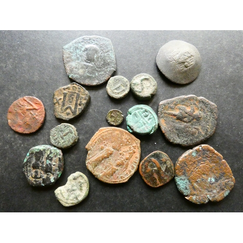 124 - BYZANTINE.  Small collection bronze Folles, etc., together with a scyphate billon Trachy, mixed grad... 