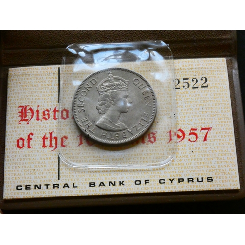 159 - CYPRUS.  100 Mils, 1957, KM37, UNC, in original padded vinyl wallet. Only 2% of the original minting... 