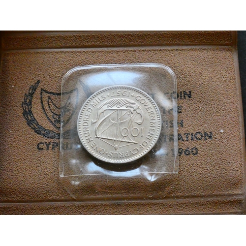 159 - CYPRUS.  100 Mils, 1957, KM37, UNC, in original padded vinyl wallet. Only 2% of the original minting... 