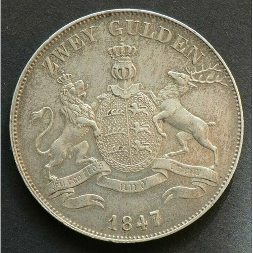 165 - GERMAN STATES. Württemberg (Kingdom), Wilhelm I (1816-1864), Silver 2 Gulden, 1847, KM592, VF