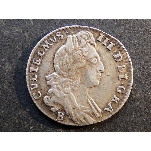 208 - UNITED KINGDOM.  Sixpence.  1697, first bust, Bristol mint, B below bust, small crowns above shields... 