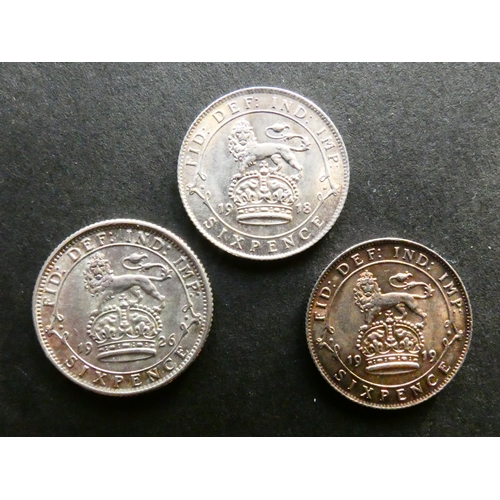 214 - UNITED KINGDOM.  Sixpences.  1918, 1919 and 1926 (2nd coinage), GVF to NEF, toning and contact marks... 