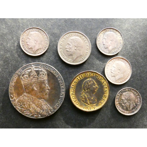 252 - UNITED KINGDOM.  Collection, including Farthing (1799, gilt), silver Threepence (1911, 1917 1919 x2)... 