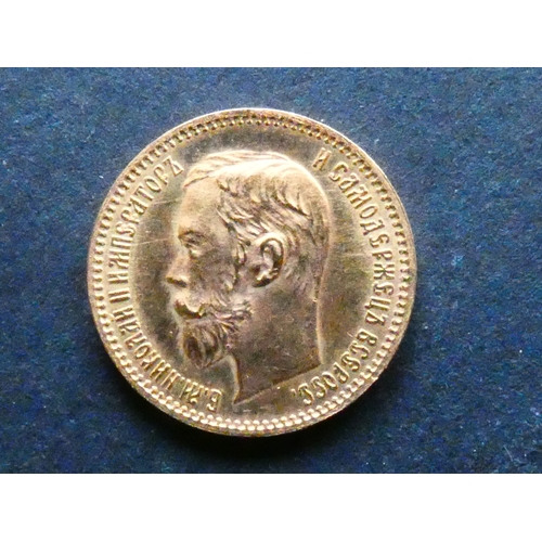 309 - RUSSIA.  Nicholas II (1894-1917), gold 5 Roubles, 1902 AP, Y62, AUNC, light scratches.