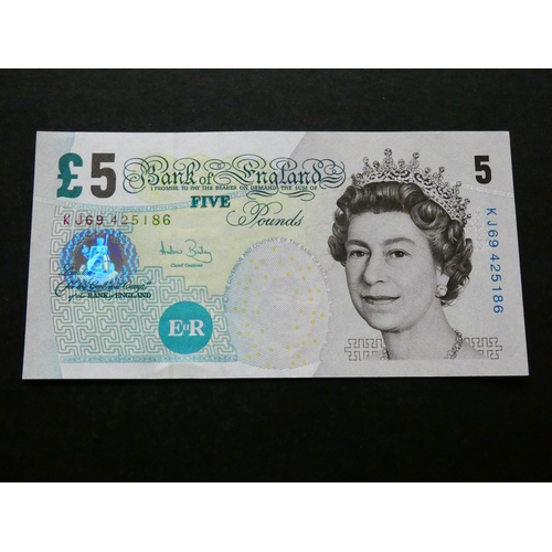 7 - GREAT BRITAIN.  Bank of England, 5 Pounds, sign. ANDREW BAILEY, Dug.B398 (BE129c), serial number KJ6... 