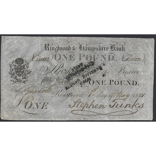 13 - GREAT BRITAIN.  RINGWOOD & HAMPSHIRE BANK, 1 Pound, 1st May 1821, sign. Stephen Tunks, blind embosse... 