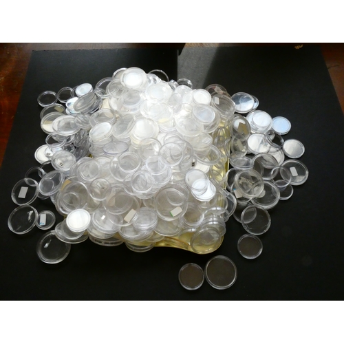 101 - ACCESSORIES.  Clear plastic coin capsules, new and used, various sizes 19mm to 42mm.  (360)