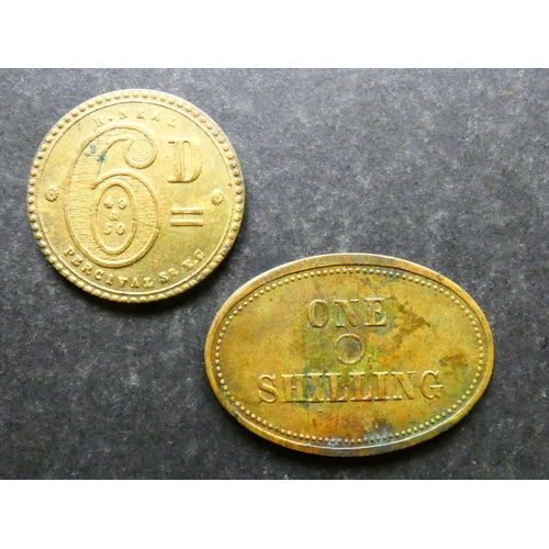 33 - MARKET TOKENS.  Farringdon & Borough, A. CHAPMAN, 6 Pence, brass, NEF, together with similar, 1 Shil... 