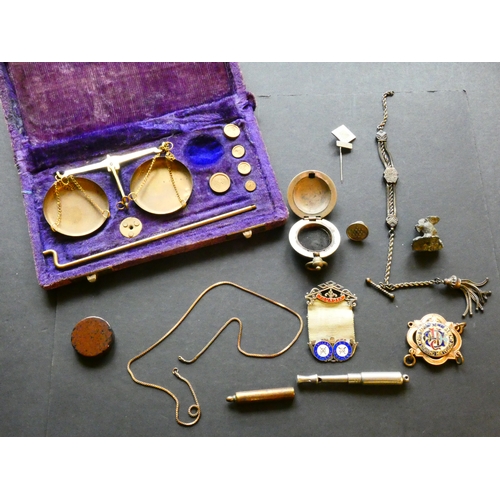 72 - TOKENS, MEDALLIONS, etc.  Collection of varied items, including set of brass balance scales with wei... 