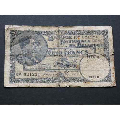 9 - BELGIUM.  5 Francs, 17.06.1926, sign. H. Stacquet & F. Hautain, P-97a, Fair.