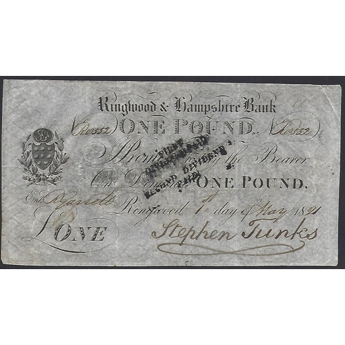 44 - GREAT BRITAIN, PROVINCIAL.  RINGWOOD & HAMPSHIRE BANK, 1 Pound, 1st May 1821, sign. Stephen Tunks, b... 