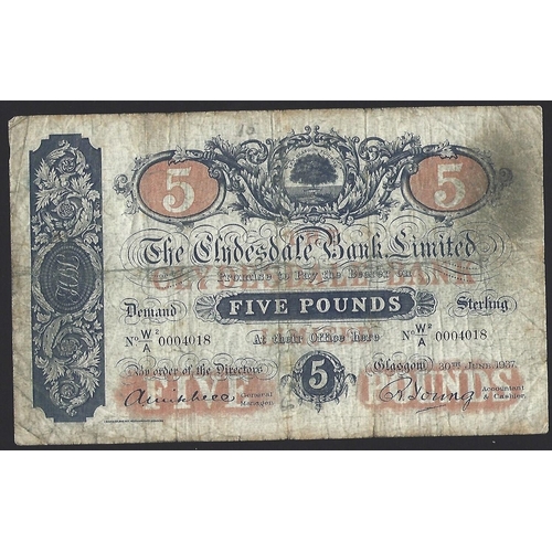 86 - SCOTLAND. Clydesdale Bank Limited. 5 Pounds, 30th June 1937, sign. A. Mitchell and R. Young, CL20c (... 