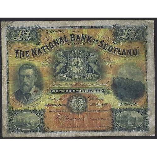 91 - SCOTLAND. The National Bank of Scotland Limited. 1 Pound, 15th May 1918, sign. W.J. Samuel and hand-... 