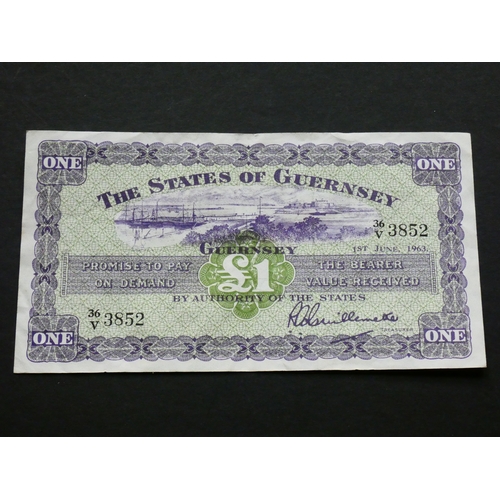 102 - GUERNSEY.  1 Pound, 1st June 1963, sign. Guillemette, GU33b (P-43b), VF+, light creasing.