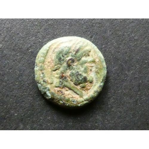 133 - GREEK.  Lakonia, AE15, 2.34g, of Lacedaimon (Sparta), circa 192-148 BCE, obverse; laureate head of b... 