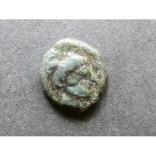 18 - GREEK.  Zeugitana, AE12, 1.53g, Siculo-Punic series, circa 400-350BCE, minted in Sicily, obverse; he... 