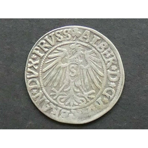 97 - GERMANY. Prussia (Duchy), Albert (1525-1568), Silver Groschen, 1542, 23mm, 2.0g, obverse; ALBER * D ... 