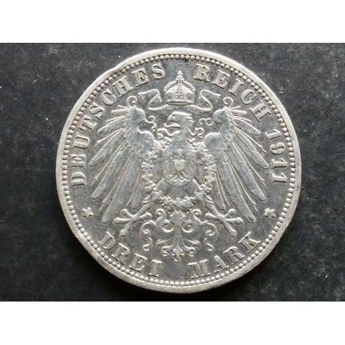 136 - GERMAN STATES. Anhalt-Dessau (Dukedom), Friedrich II (1904-1918), Silver 3 Mark, 1911 A, Berlin mint... 