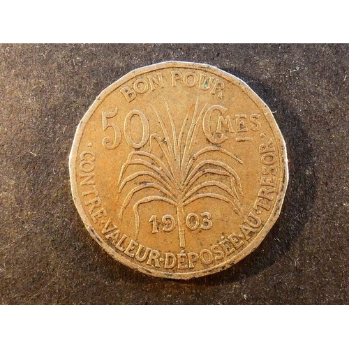 199 - GUADELOUPE. French colony, copper-nickel 50 Centimes, 1903, KM45, NF.