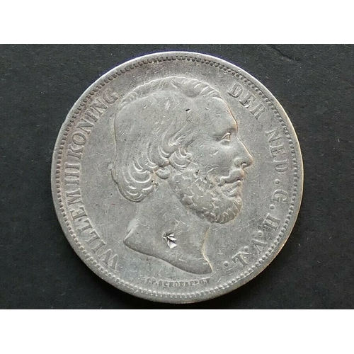 229 - NETHERLANDS.  Kingdom, Willem III (1849-1890), silver 2½ Gulden, 1869, KM82, F, digs on obverse.