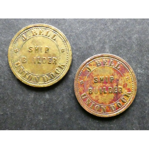 391 - INN & REFRESHMENT TOKENS.  Lincolnshire, 2x Grimsby, 19th century, obverse; J. BELL SHIP BUILDER UNI... 