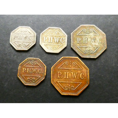 394 - INN & REFRESHMENT TOKENS.  Obverse; P.H.W.C., reverse; value 6d, together with similar, various valu... 