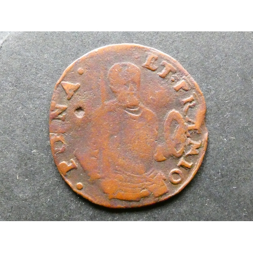 453 - SPANISH NETHERLANDS.  Copper jeton, 28mm, 3.56g, obverse; POENA ET PRAEMIO, ½-length figure of Phili... 