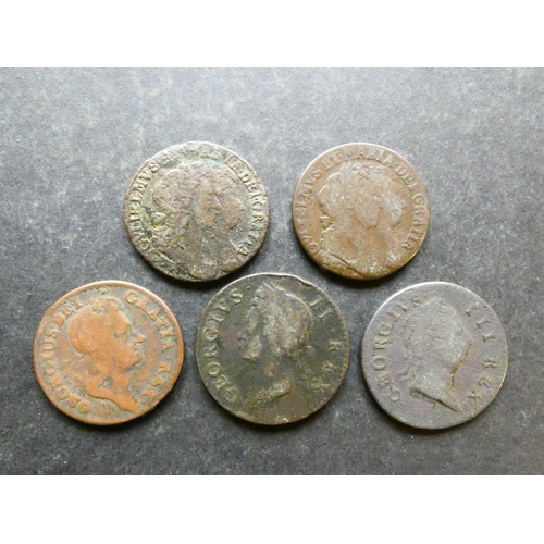 212 - IRELAND.  Small group of copper Halfpennies, including 1692, 1694, 1723 Wood's HIBERNIA, 1650, and 1... 