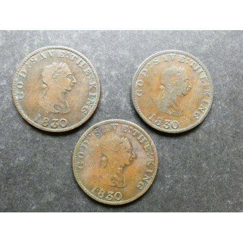 214 - ISLE OF MAN.  3x copper Halfpenny tokens, McTurk's issue, GOD SAVE THE KING 1830 / FOR PUBLICK ACCOM... 