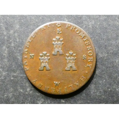 291 - TRADESMEN'S TOKEN, 18TH CENTURY.  Cheshire, Chester, Halfpenny, ND, obverse; three castles, reverse;... 