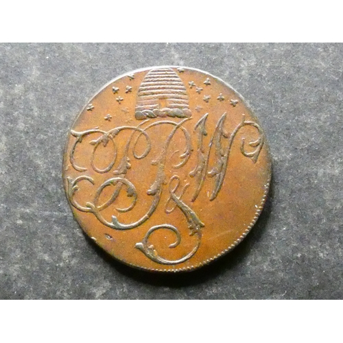 293 - TRADESMEN'S TOKEN, 18TH CENTURY.  Dorset, Sherborne, Halfpenny, 1793, obverse; a beehive and a cyphe... 