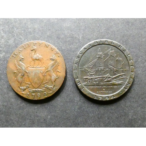 308 - TRADESMEN'S TOKENS, 18TH CENTURY.  Lancashire, 2x Halfpennies, including Lancaster, 1794, D&H-58, GF... 