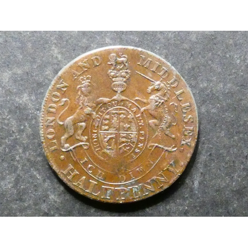 314 - TRADESMEN'S TOKEN, 18TH CENTURY.  Middlesex, Halfpenny, obverse; Prince of Wales, reverse; royal arm... 