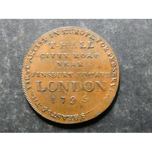 318 - TRADESMEN'S TOKEN, 18TH CENTURY.  Middlesex, London, Halfpenny, 1795, obverse; T. HALL CITY ROAD, re... 