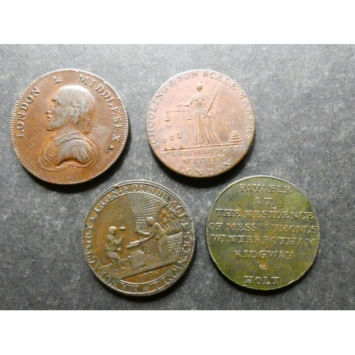 319 - TRADESMEN'S TOKENS, 18TH CENTURY.  Middlesex, 4x Halfpennies, including Newgate Prison, 1795, milled... 