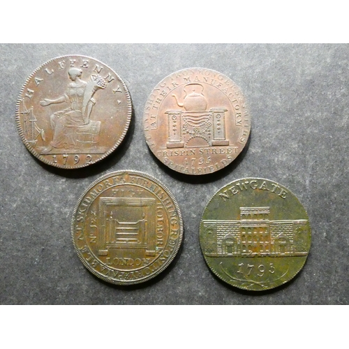 319 - TRADESMEN'S TOKENS, 18TH CENTURY.  Middlesex, 4x Halfpennies, including Newgate Prison, 1795, milled... 