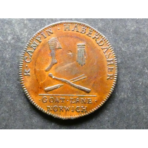 323 - TRADESMEN'S TOKEN, 18TH CENTURY.  Norfolk, Norwich, Halfpenny, 1794, obverse; R. CAMPIN HABERDASHER,... 