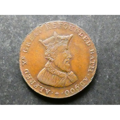 326 - TRADESMEN'S TOKEN, 18TH CENTURY.  Somerset, Bath, Halfpenny, ND, obverse; crowned bust facing to rig... 