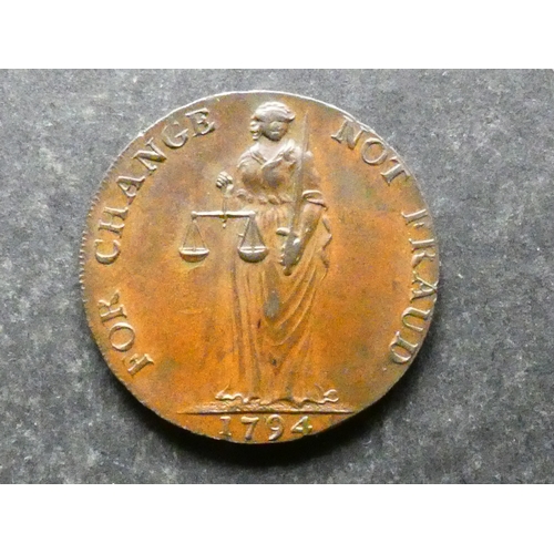 332 - TRADESMEN'S TOKEN, 18TH CENTURY.  Westmoreland, Kendal, Halfpenny, ND, obverse; FOR CHANGE NOT FRAUD... 