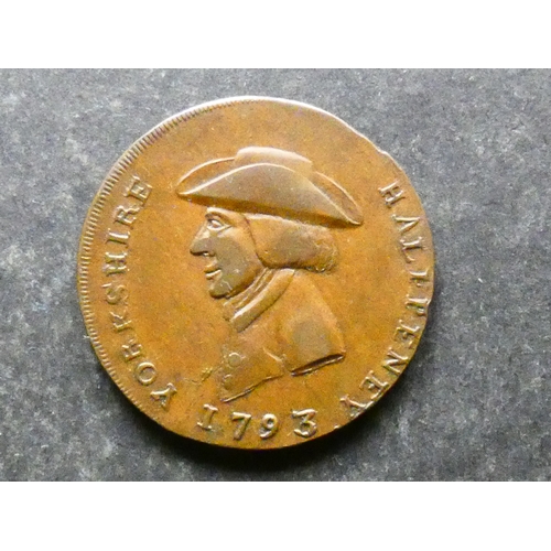 335 - TRADESMEN'S TOKEN, 18TH CENTURY.  Yorkshire, Sheffield, Halfpenny, 1793, obverse; bust left, wearing... 