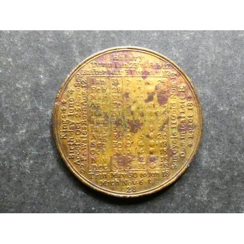 360 - CALENDAR MEDAL.  1766, by John Powell, 38mm, brass, this year not in Ackerman, Fine+, small flan fla... 