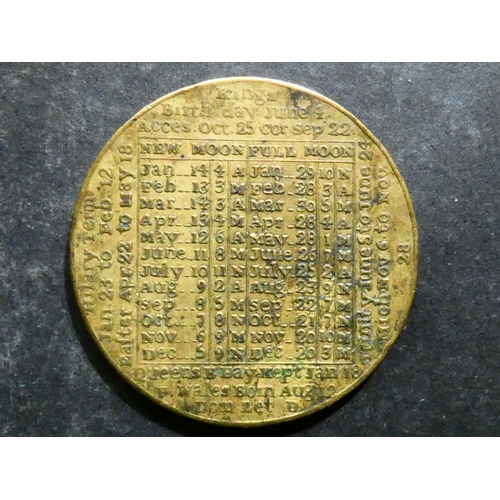 367 - CALENDAR MEDAL.  1801, by Peter Kempson, 39 mm, brass, VF, this year not in Ackerman.  Peter Kempson... 