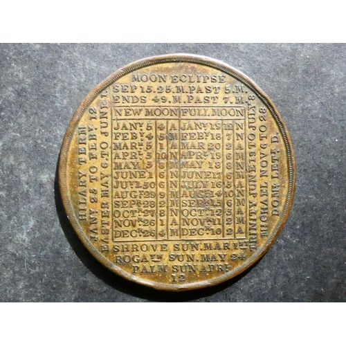 372 - CALENDAR MEDAL.  1829, by Thomas Wells Ingram, 38 mm, brass, VF, this year not in Ackerman. Thomas W... 