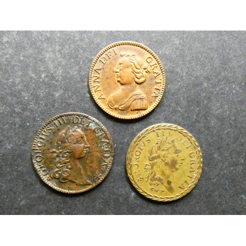 389 - GAMING.  Brass imitation Guineas x3, including 1761, Queen Anne bust left / arms, Neilson-0480, toge... 