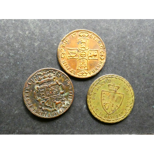 389 - GAMING.  Brass imitation Guineas x3, including 1761, Queen Anne bust left / arms, Neilson-0480, toge... 