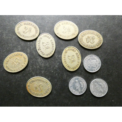 408 - TRANSPORT TOKENS.  Various, including 7x Lancashire, Manchester, JOHN GREENWOOD, 3d / OMNIBUS INSIDE... 