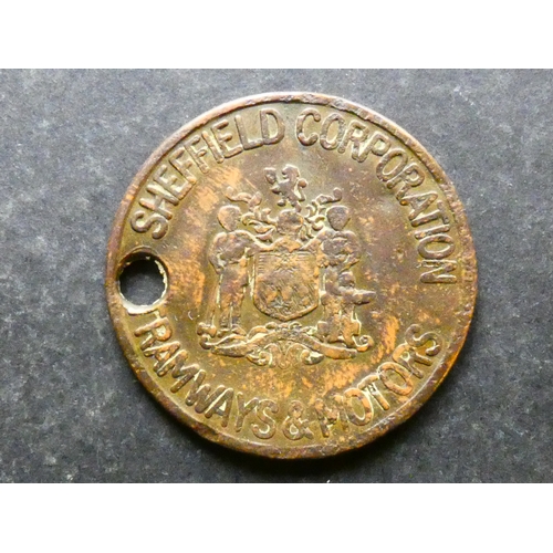 412 - TRANSPORT TOKEN.  Yorkshire, obverse; SHEFFIELD CORPORATION TRAMWAYS & MOTORS, arms, reverse; FOR TH... 