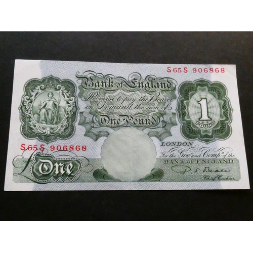 6 - BANKNOTE.  United Kingdom, Bank of England, 1 Pound, sign. Beale, B269 (BE55b), replacement, serial ... 