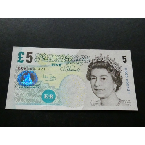 9 - BANKNOTE.  United Kingdom, Bank of England, 5 Pounds, sign. Bailey, B398 (BE129c), serial number KK9... 